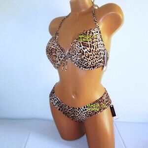 38C/L Victoria Secret Swim Push Up Top Bikini Set Cheeky Bottom Leopard Ruffle